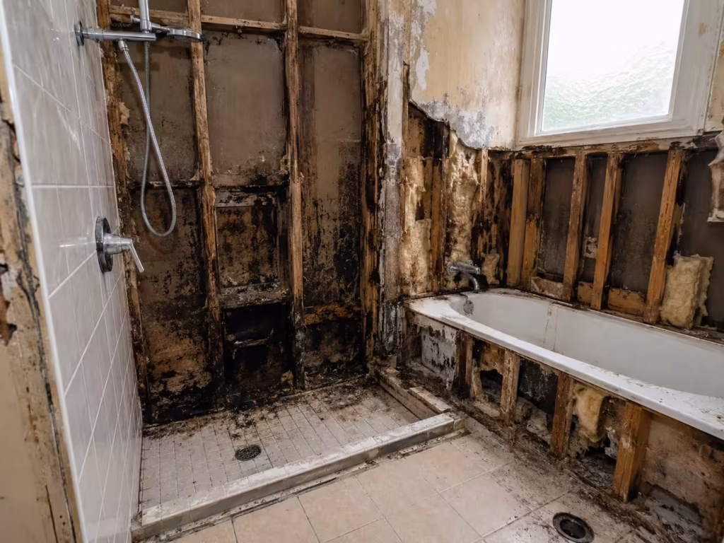 Water damage behind a bathroom wall caused by an undetected leaking shower