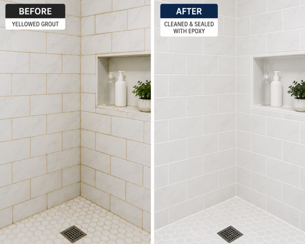 Before and after re-grout and re-silicone